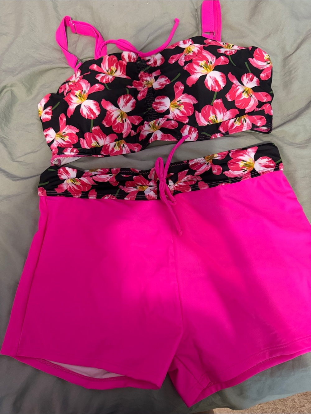 Bright Pink Floral Bikini Set with High-Waist Shorts